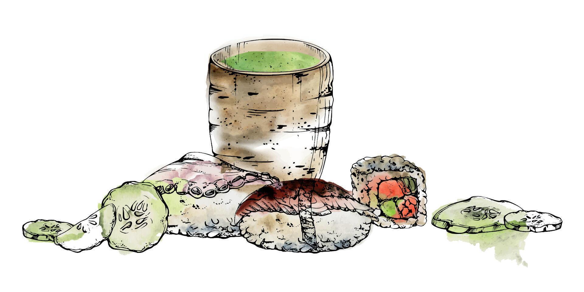 Japanese food nigiri sushi roll, raw fish octopus tako slice, unagi salmon sesame cucumber, matcha tea hand drawn in watercolor, ink. Illustration for restaurant, cafe menu, kitchen print, recipe book vector
