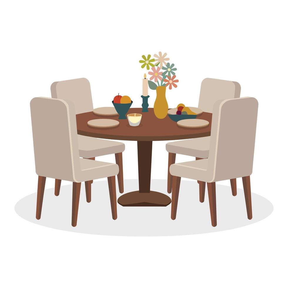 a table with four chairs and a vase of flowers vector