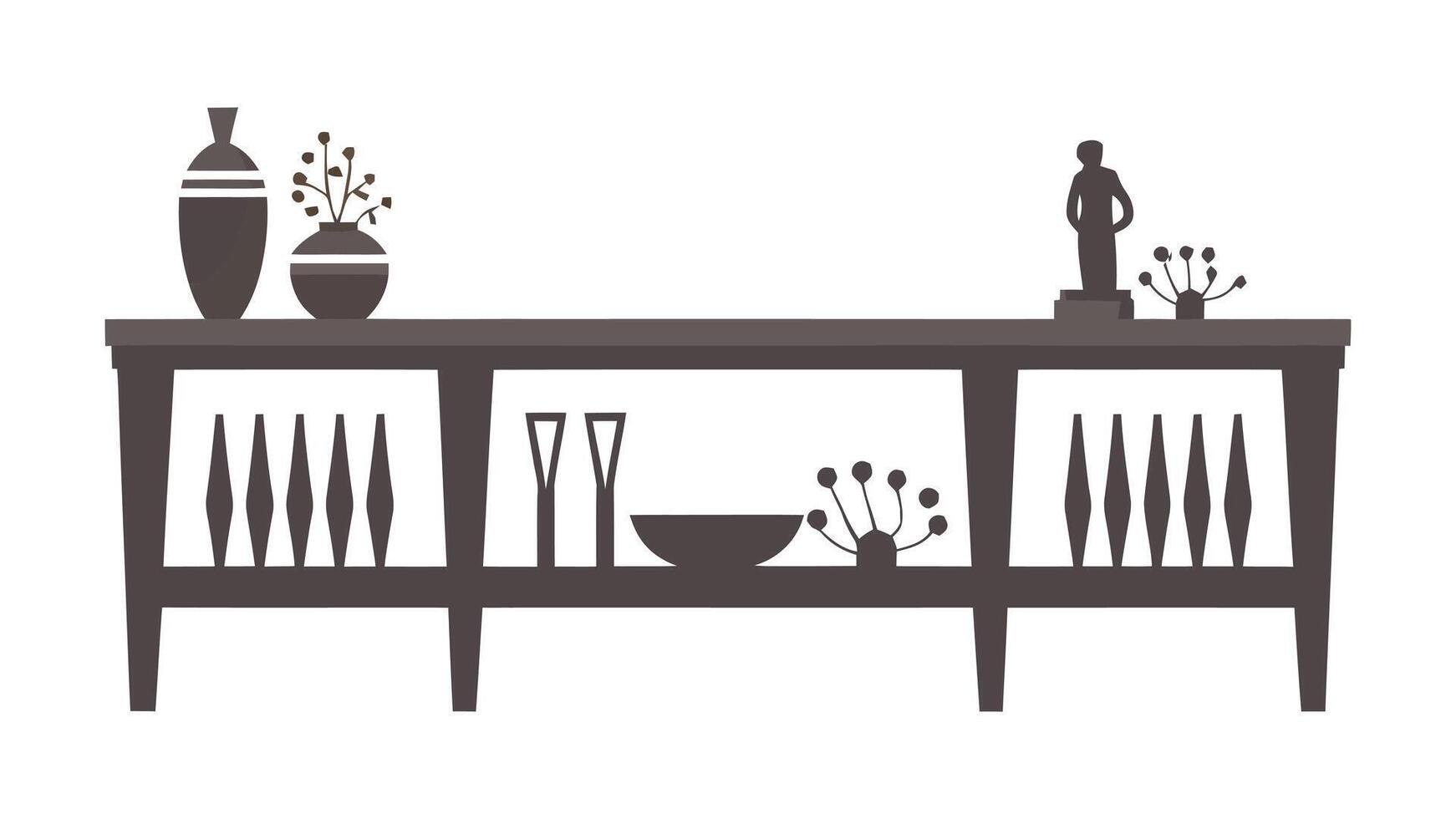 a black and white illustration of a table with vases and bowls vector
