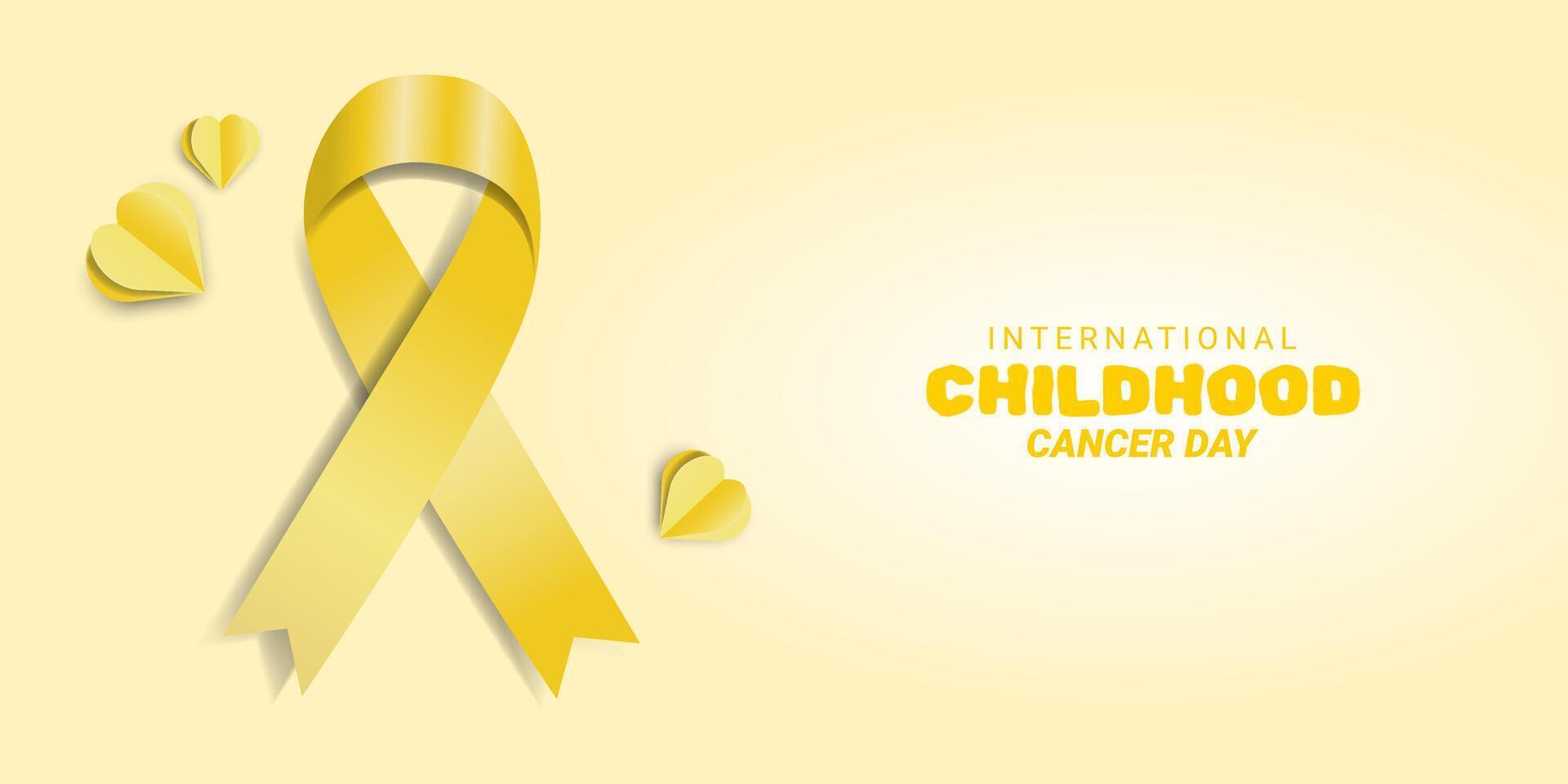International Childhood Cancer Day Banner with Yellow Ribbon, Hearts and Place for Text. Template with Gold 3D Kids Cancer Day Symbol. ICCD February 15 Element. Illustration. vector