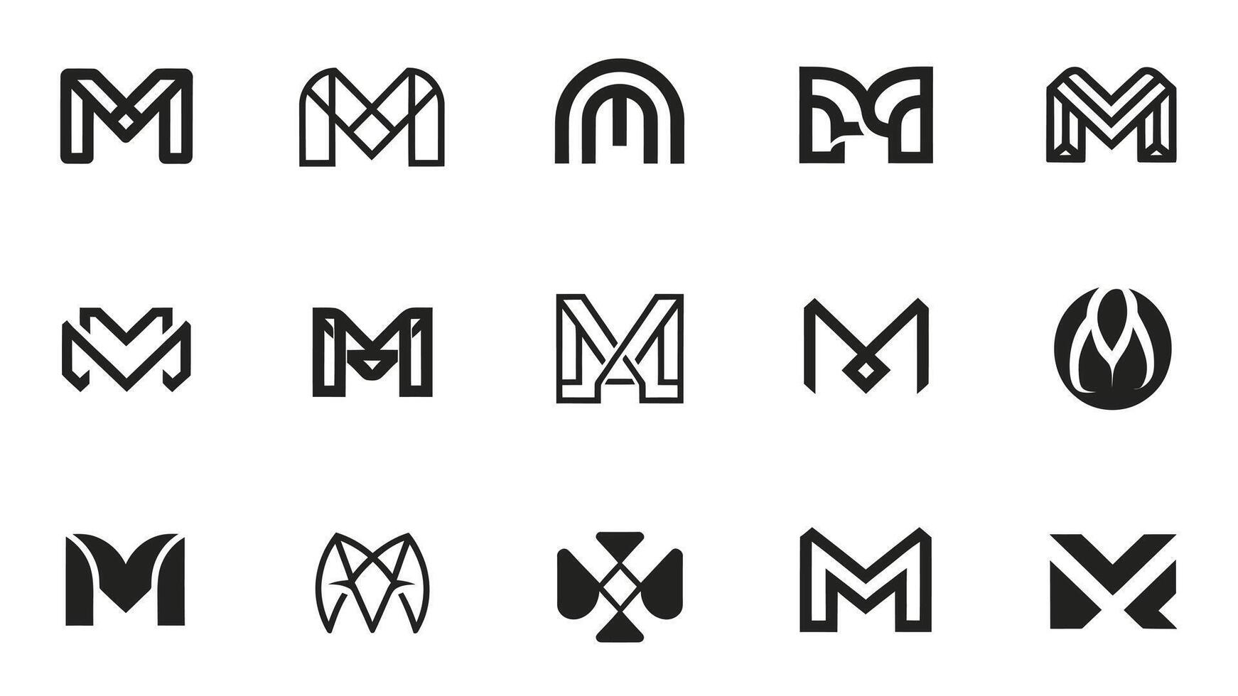 Set of minimalist initial letter M logos on solid white background vector