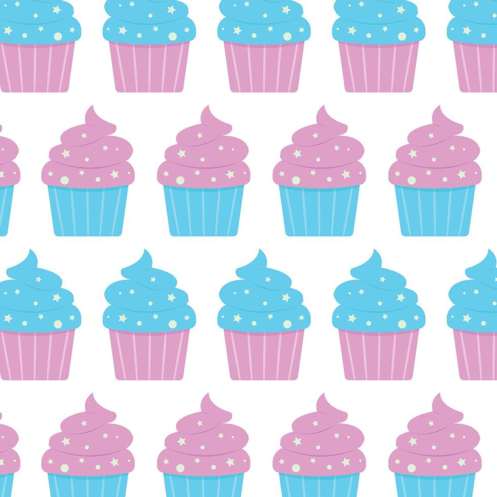Seamless cupcake pattern for baby gender reveal party, birthday party, kids party. Sweet treat. vector