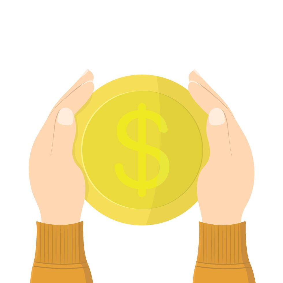 Hands holding coin icon on white background. Finance, business, investment, profit. vector