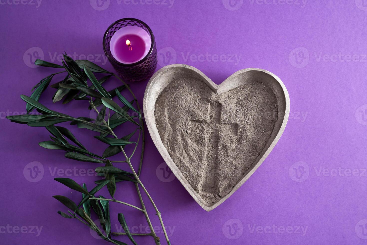 Ash Wednesday Symbolism. Heart Symbol and Cross on Purple photo