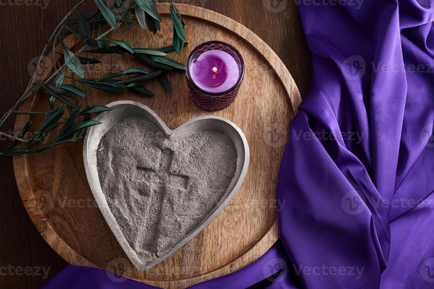 Ash Wednesday. Heart-Shaped Ashes and Candle photo