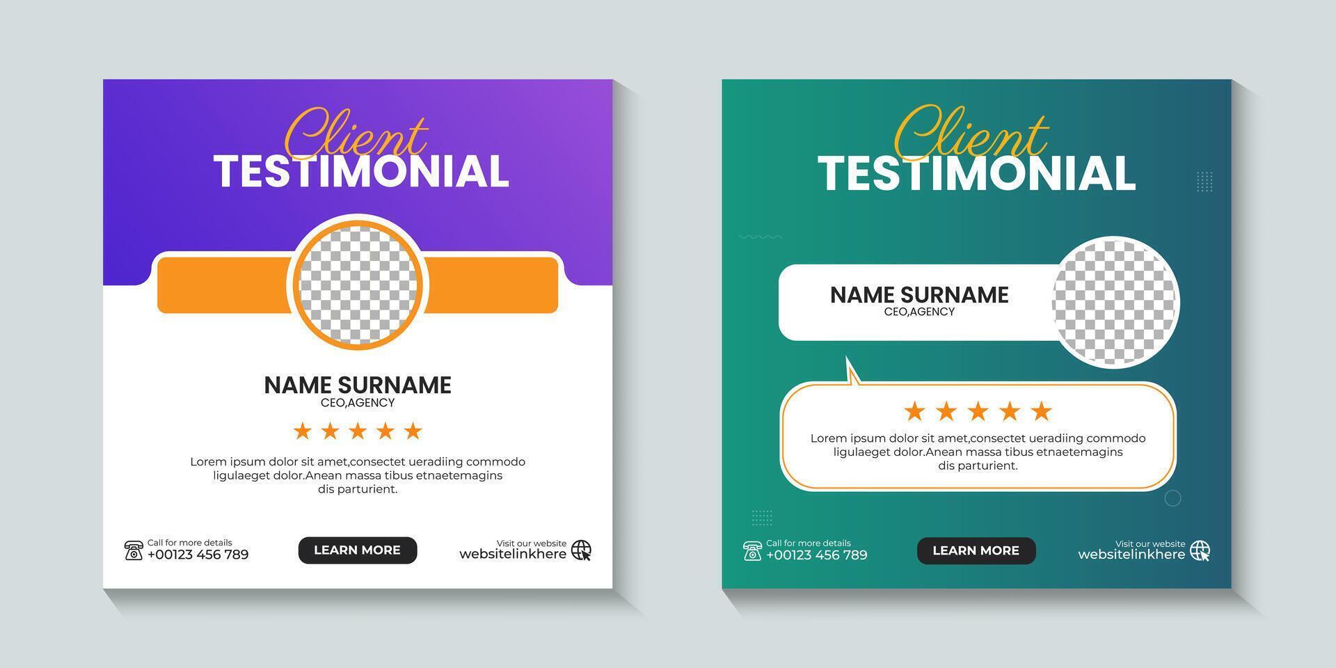 Client service feedback review or customer testimonial social media post or web banner ad template. Customer service feedback review social media post or web banner ad templates. vector