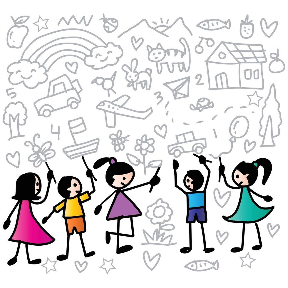 Hand drawing Doodle of kids playing and doodle activity. vector