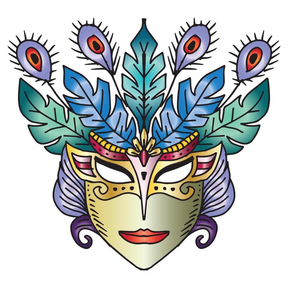 Hand drawn doodle carnival mask with feathers. Mardi Gras party. vector