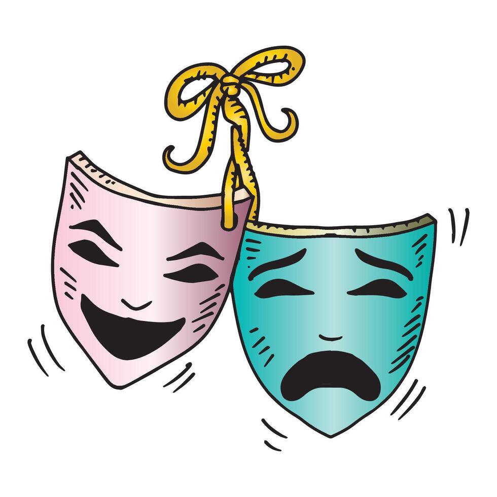 Illustration of theater masks with different emotions on a white background. Hand drawn doodle style. vector