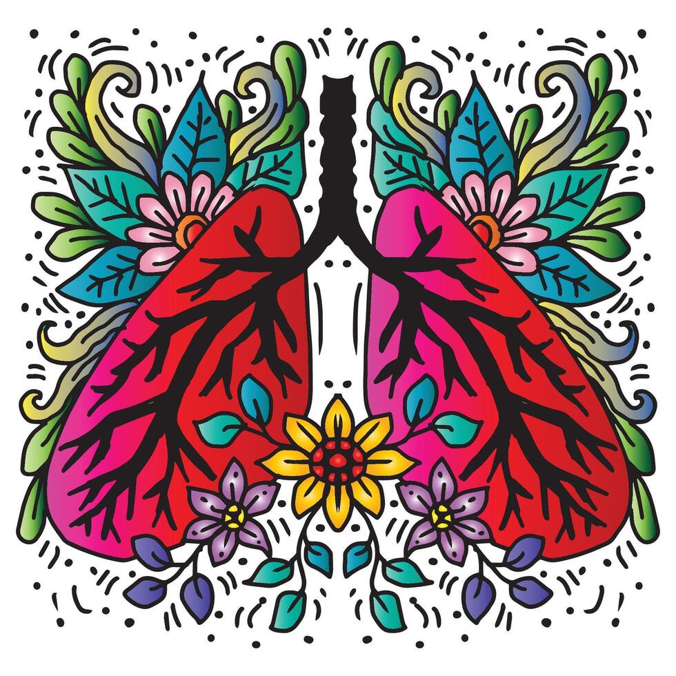 Hand drawing illustration of human lungs with floral ornament. vector