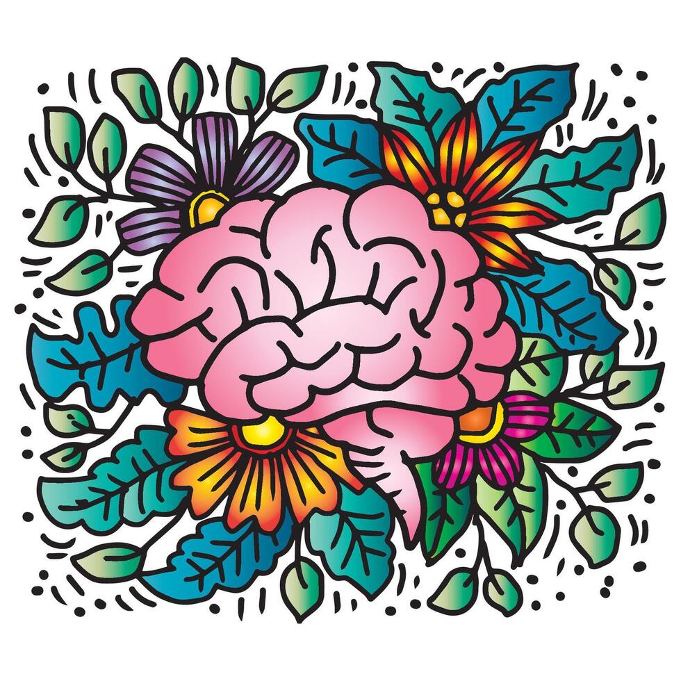 Illustration of a human brain with floral ornament. vector