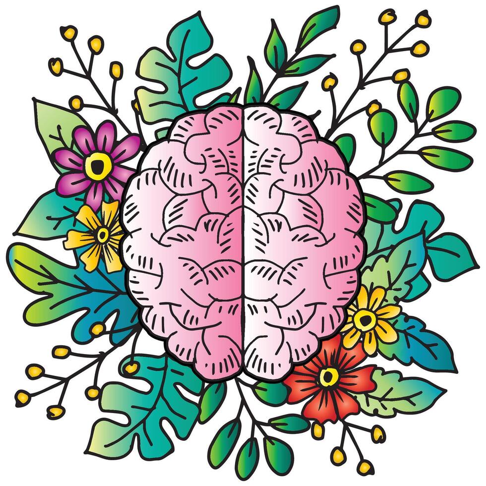 Illustration of a human brain with floral ornament vector
