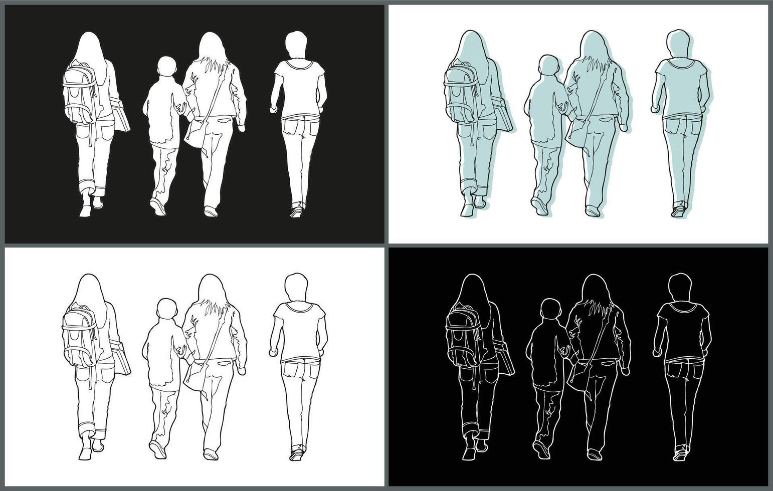 Line Drawing Walking and Standing Poses Casual Women View From Behind Illustrations set vector