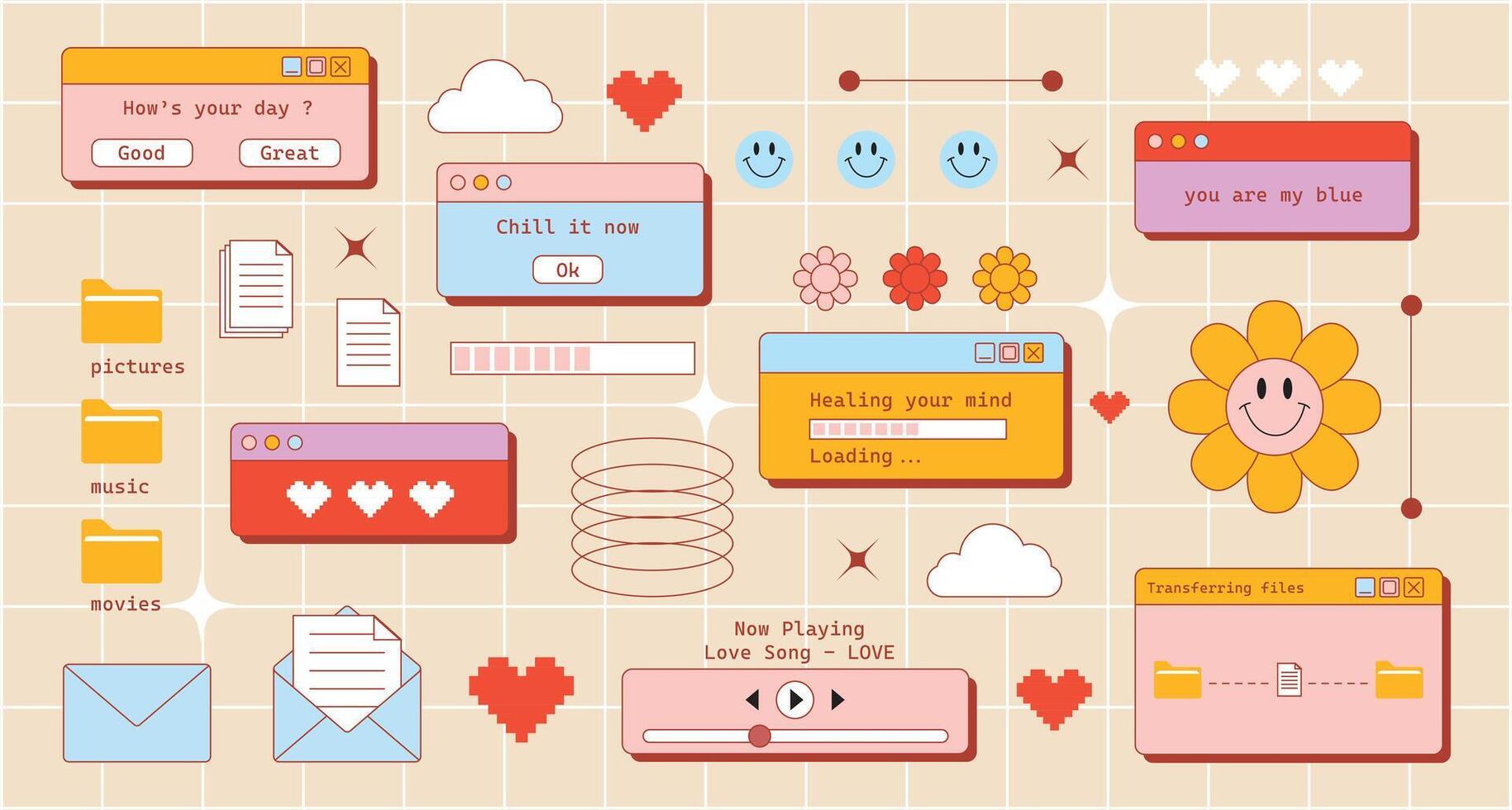 Y2k retro computer window page. icon set of pop-up windows and screens with playful messages and nostalgic elements like stars, hearts and smile faces vector