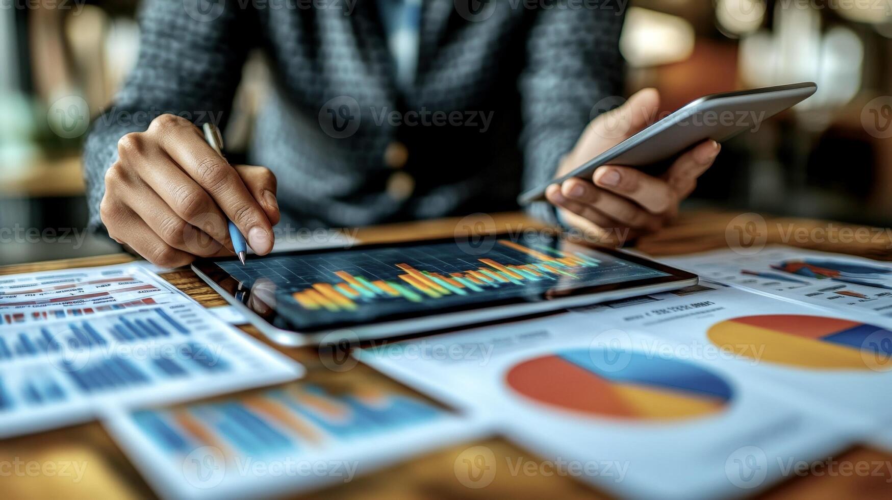 Close-up of the hands of a businessman with an iPad in his hand, leaning over a table on which graphs and documents are laid out photo