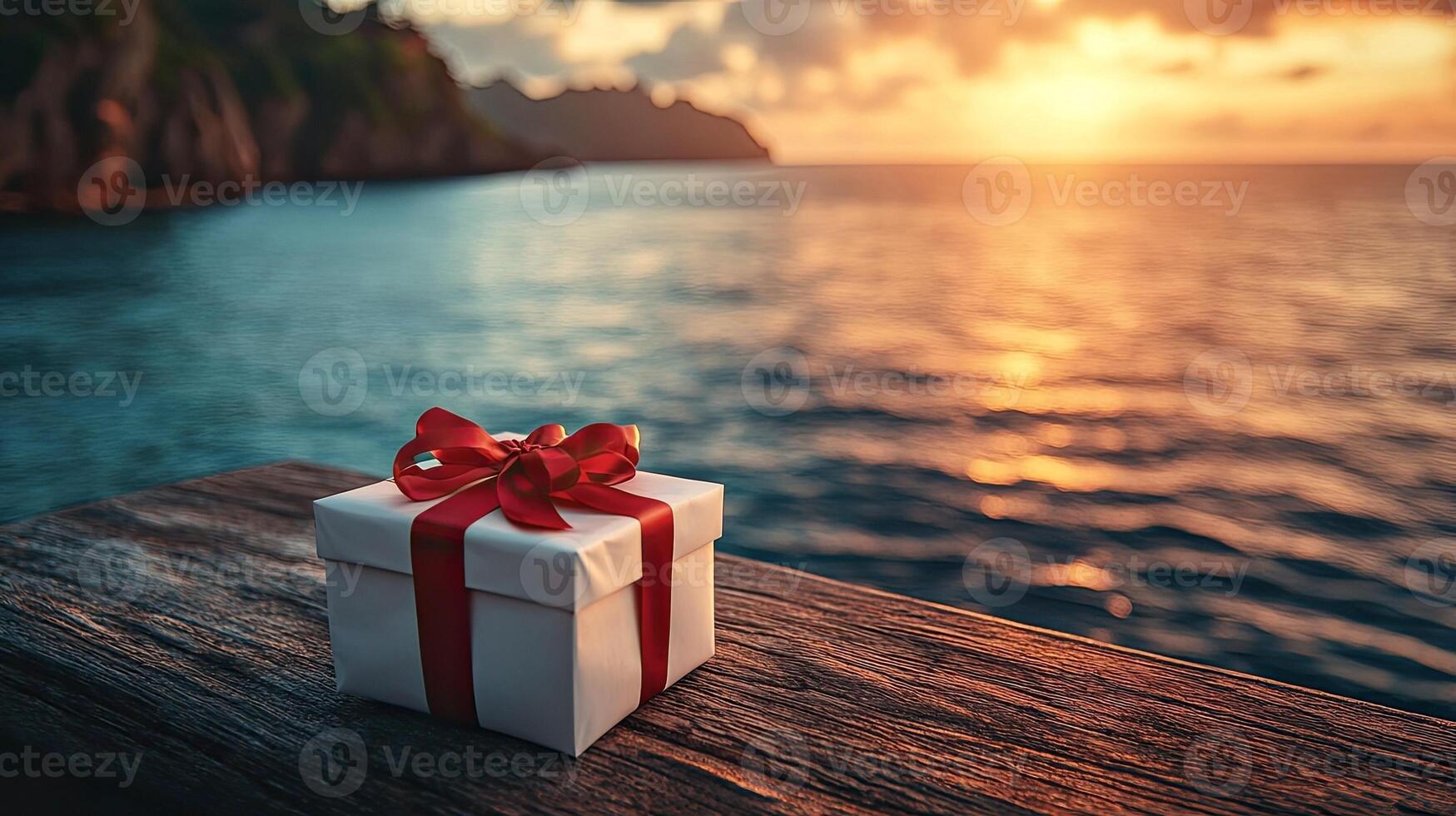 Close-up shot of a birthday gift with red ribbon on a rustic wooden table, set in a summer cafe. The background features a serene ocean view with soft waves. photo