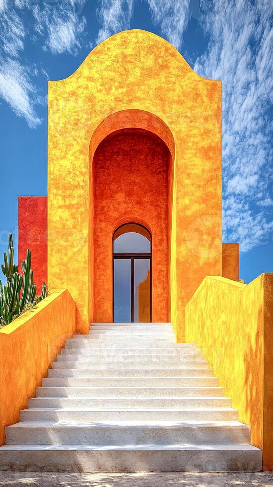 white stone staircase leading up to a bright yellow building against a blue sky with clouds photo