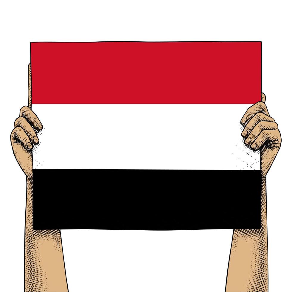 Hand Raises a Sign That Show Yemen Flag drawn in Engraving Technique vector
