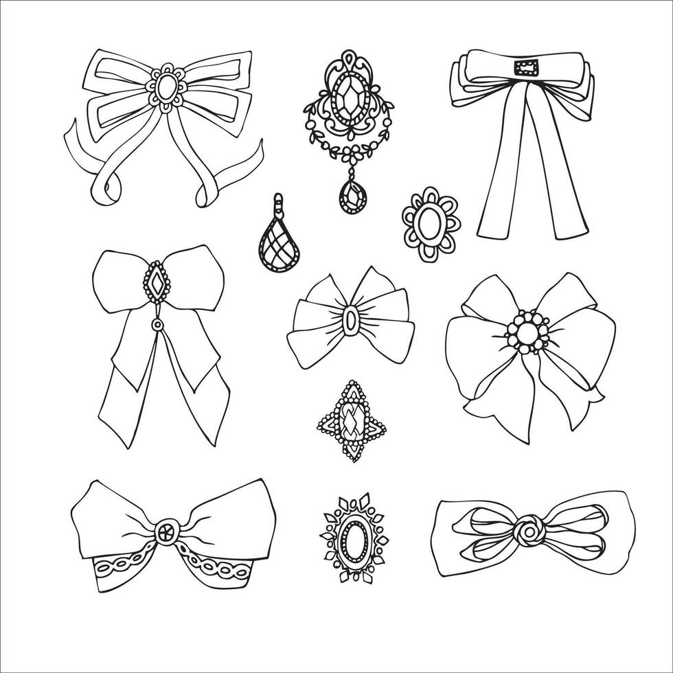 outline set of bows and broches, hand drawn. vector