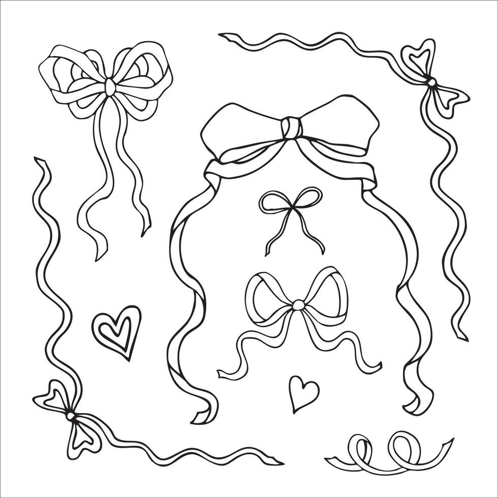 outline set of different curvy bows, coquette style, doodle, hand drawn. vector