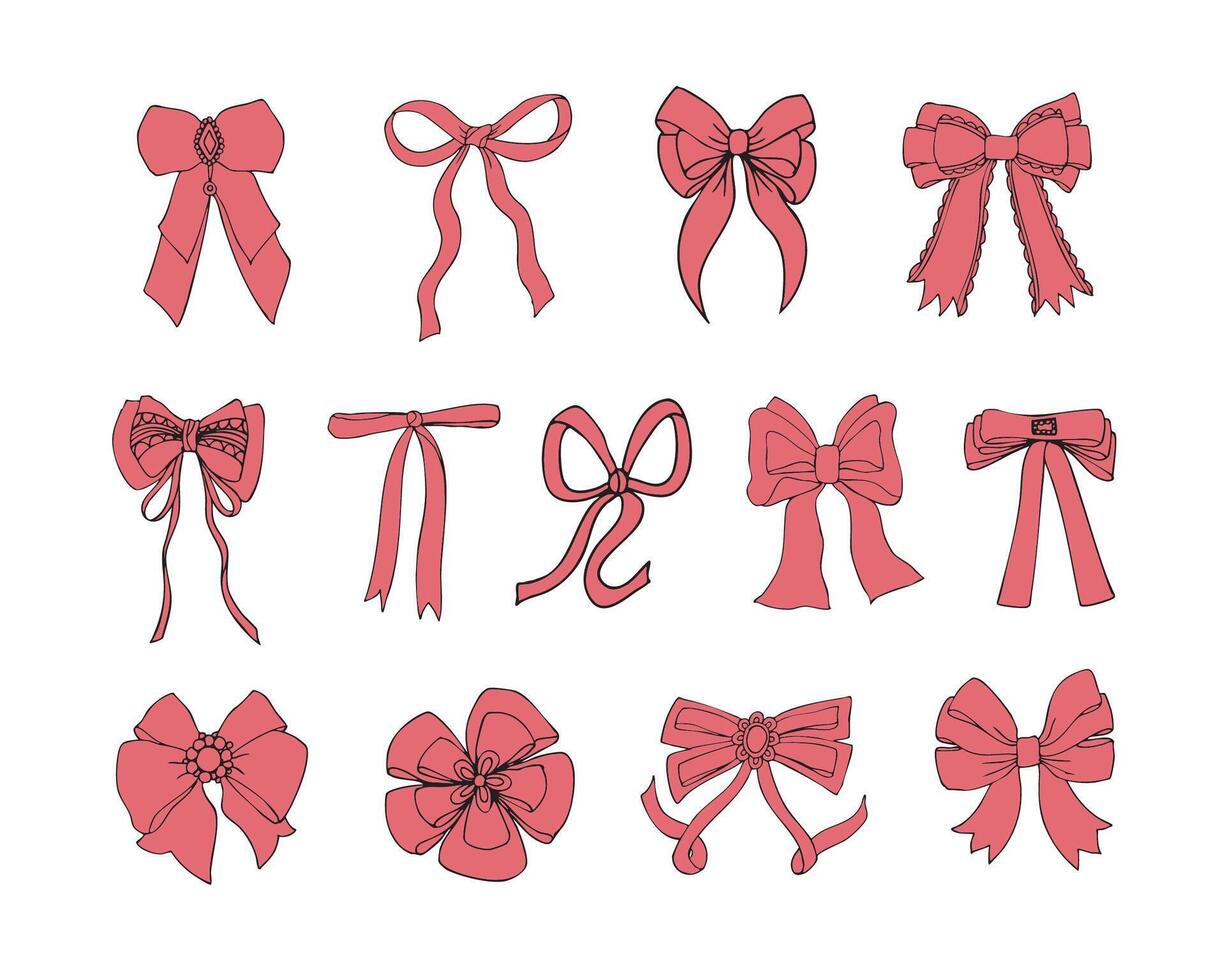 set of trendy pink bows, hand drawn. vector