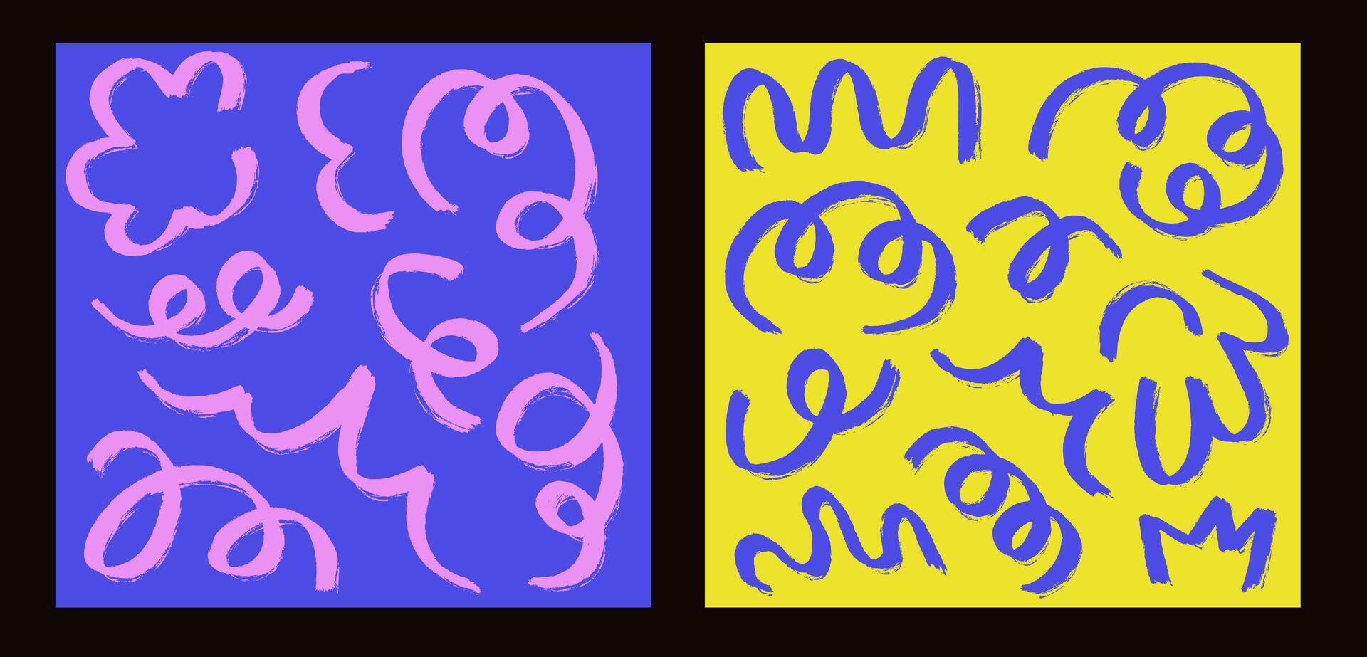 Set posters with doodle grunge playful blue pink scribble. Abstract children background with drawing curve line. vector