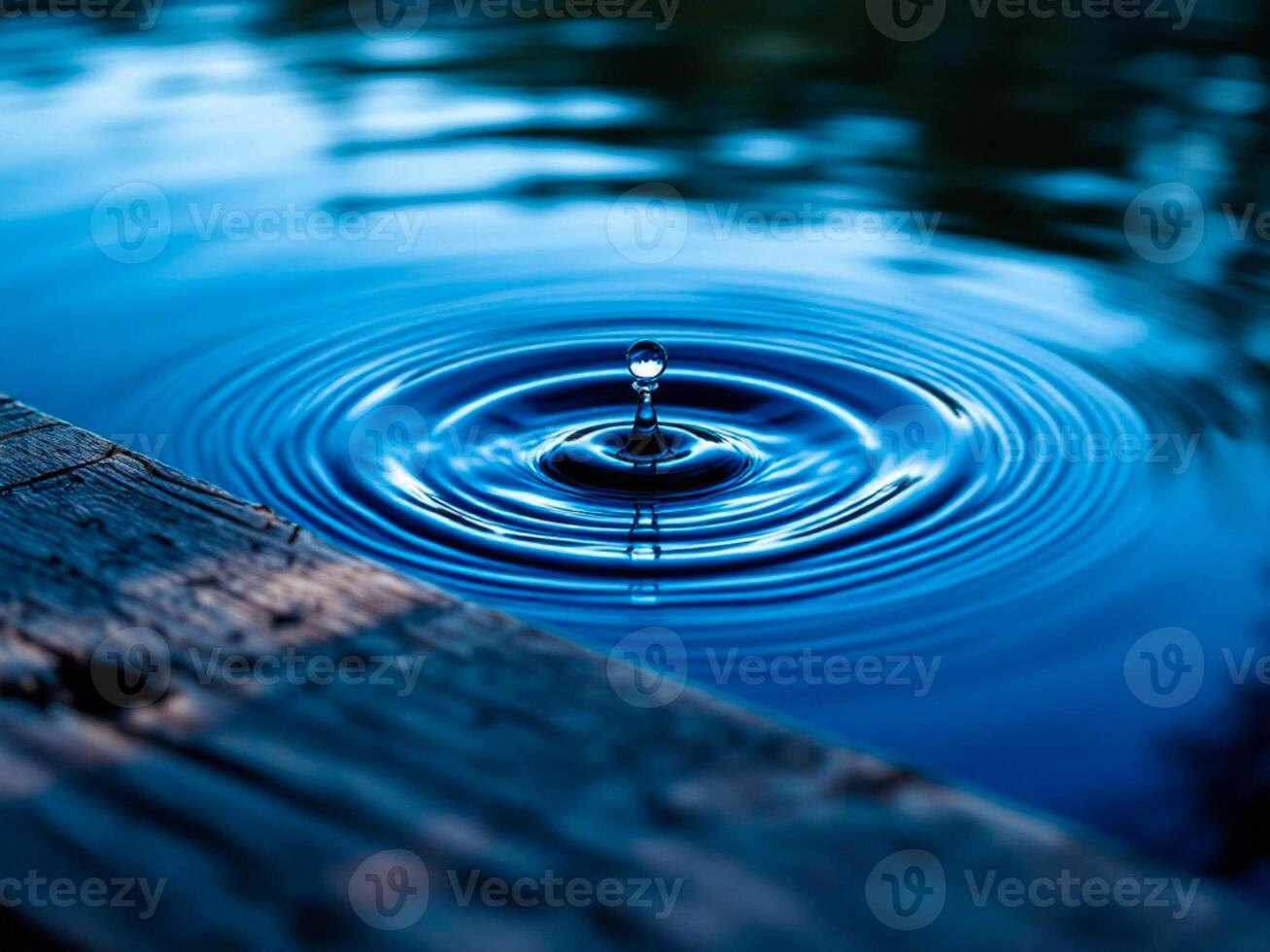 Drop of water falling into the water. Blue water surface with ripples photo
