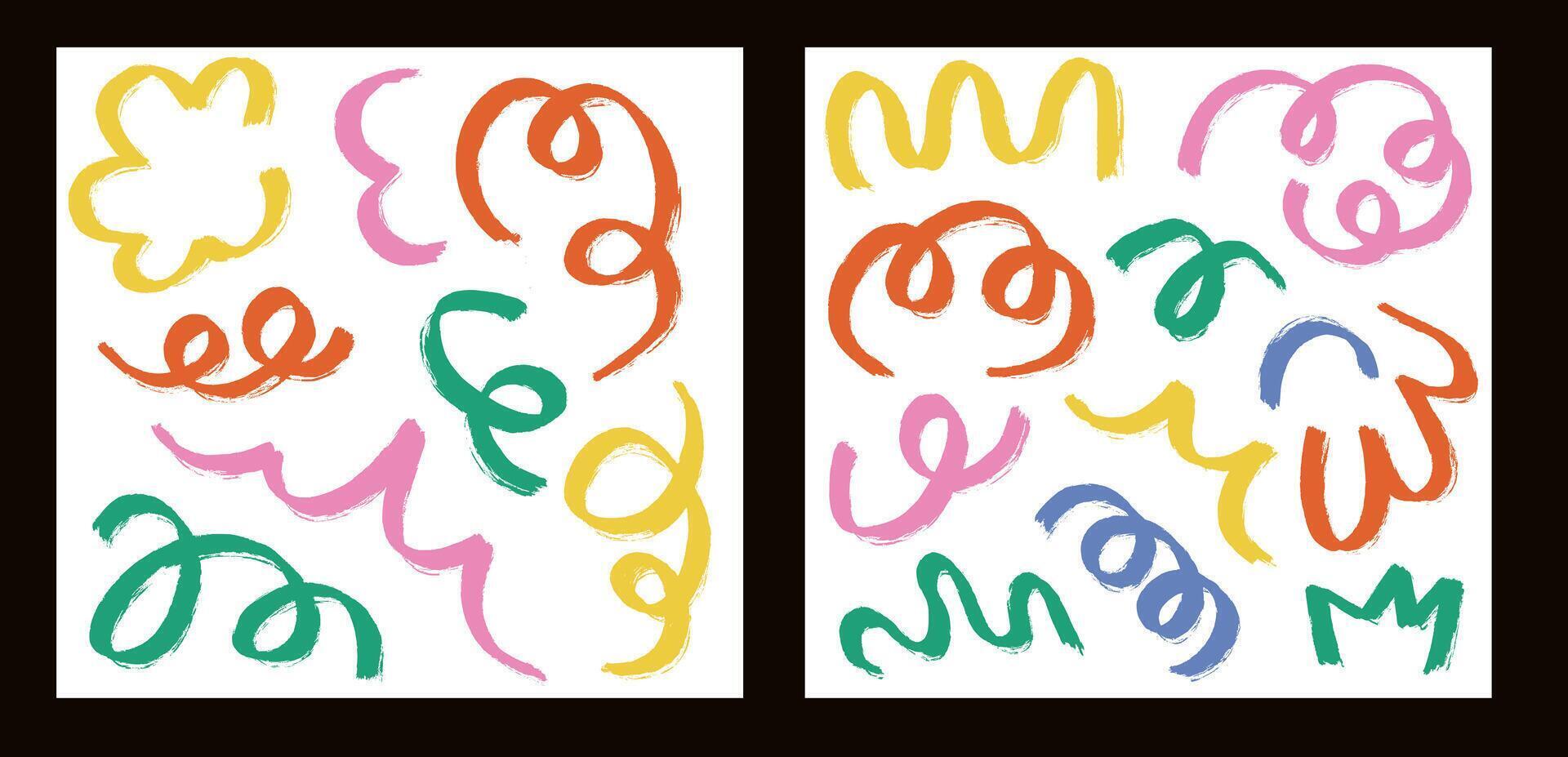 Set posters with doodle grunge playful multicolor scribble. Abstract children background with drawing curve line. vector