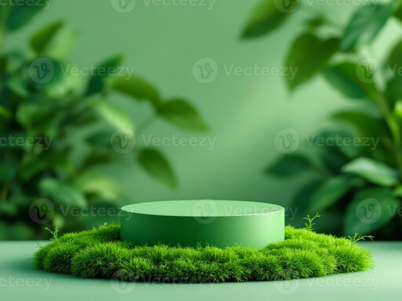 3d render of green round podium on green background with grass. photo