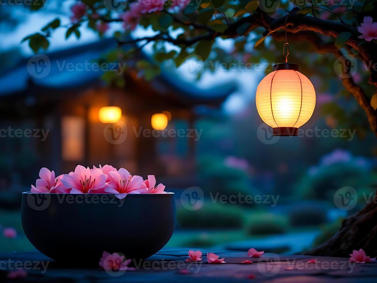 Tranquil Evening Scene with Cherry Blossoms and Lantern photo