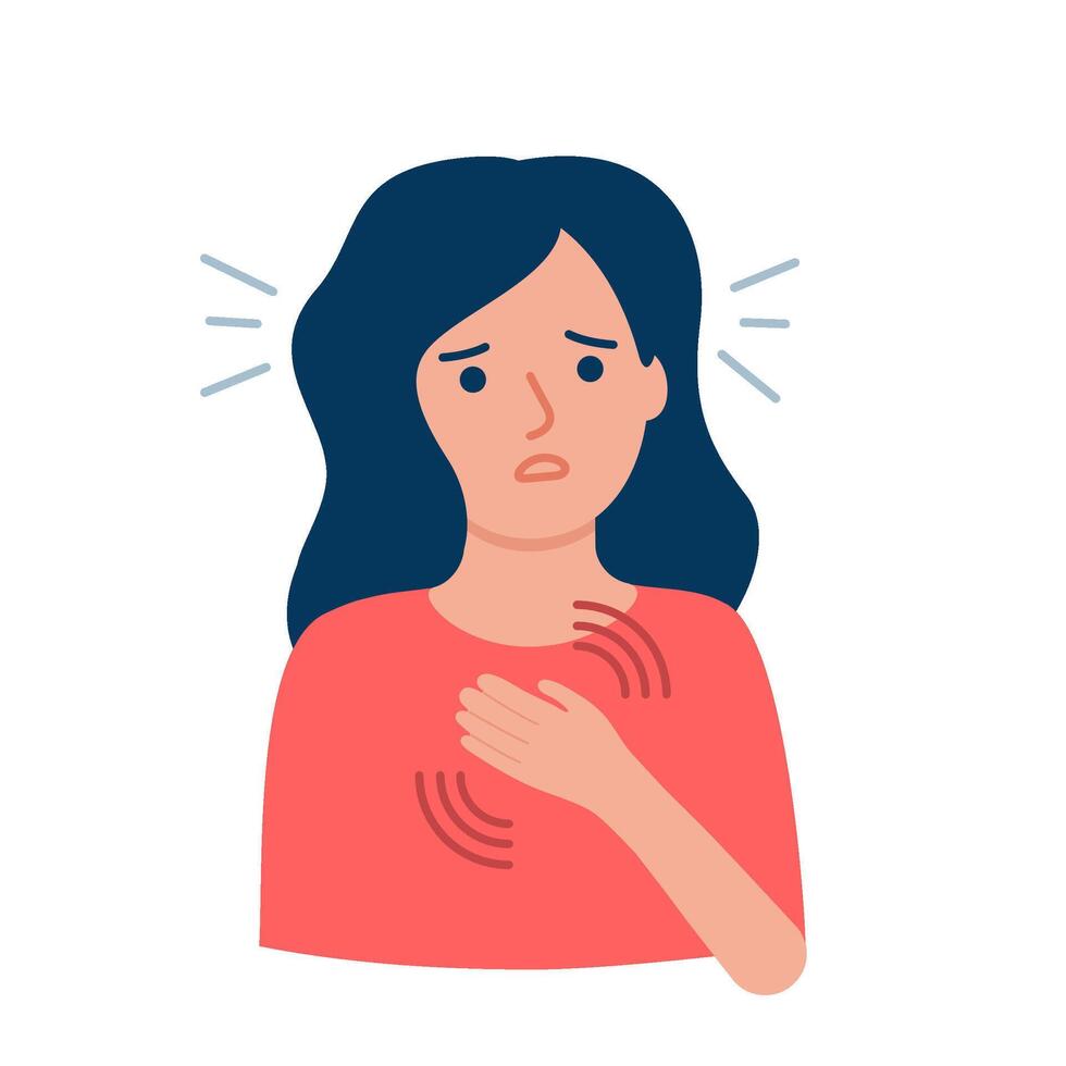 Young sad woman with panic attack, stress, shock. Taking care of psychological health in case of anxiety, disorder, fear, other mental problems. Headache, heartbeat. Girl character illustration vector