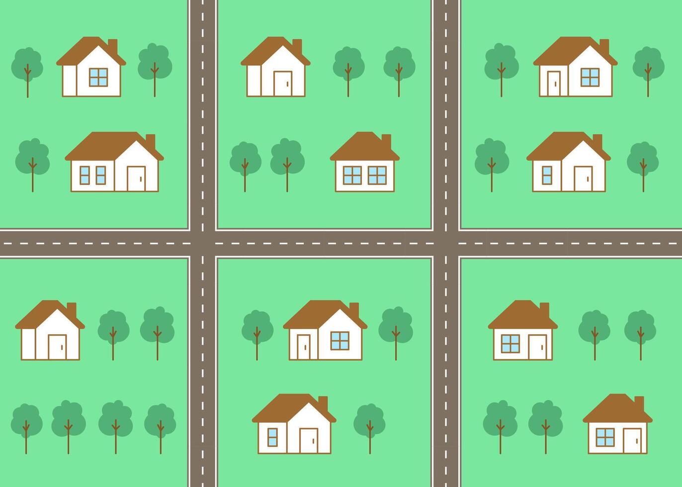 Map of city, village, childish pattern with street, house and road. Neighborhood. Street building on city landscape, top view. Kids background, play mat for children. flat illustration vector