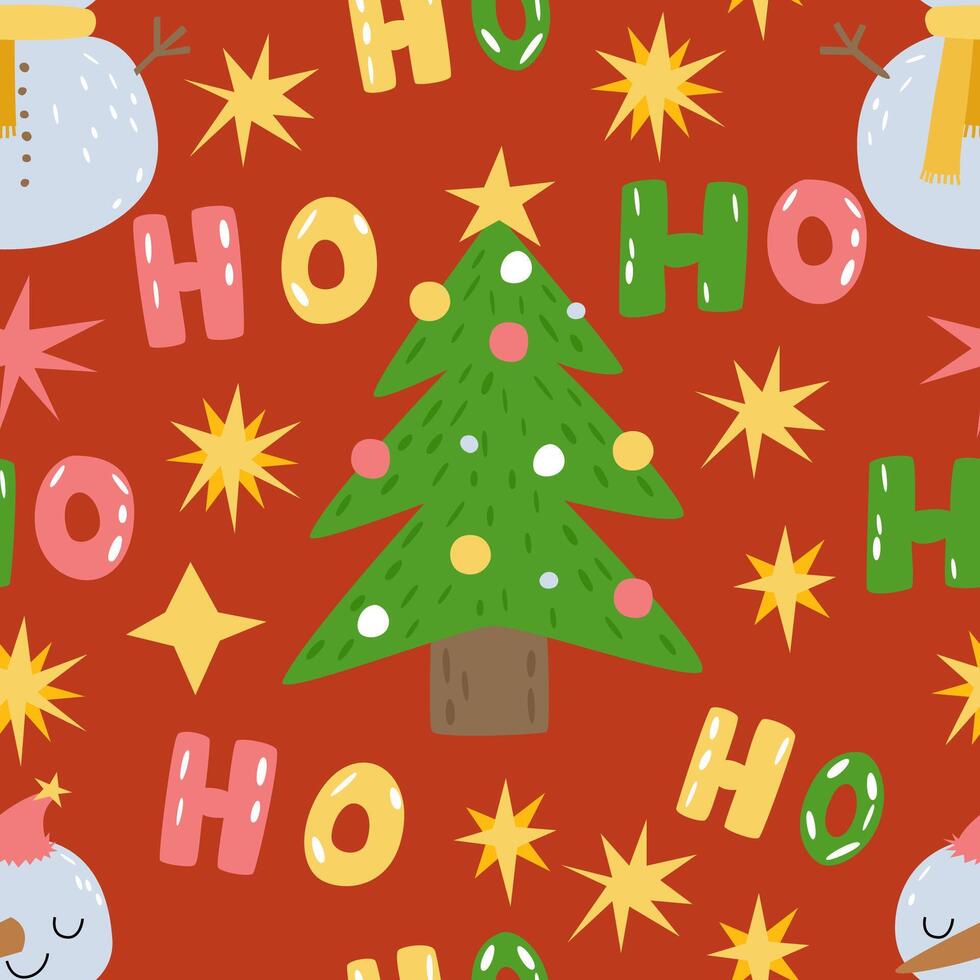 Winter holidays seamless pattern. Bright Christmas pattern with tree, snowman. isolated illustration endless background, wrapping paper, textile vector