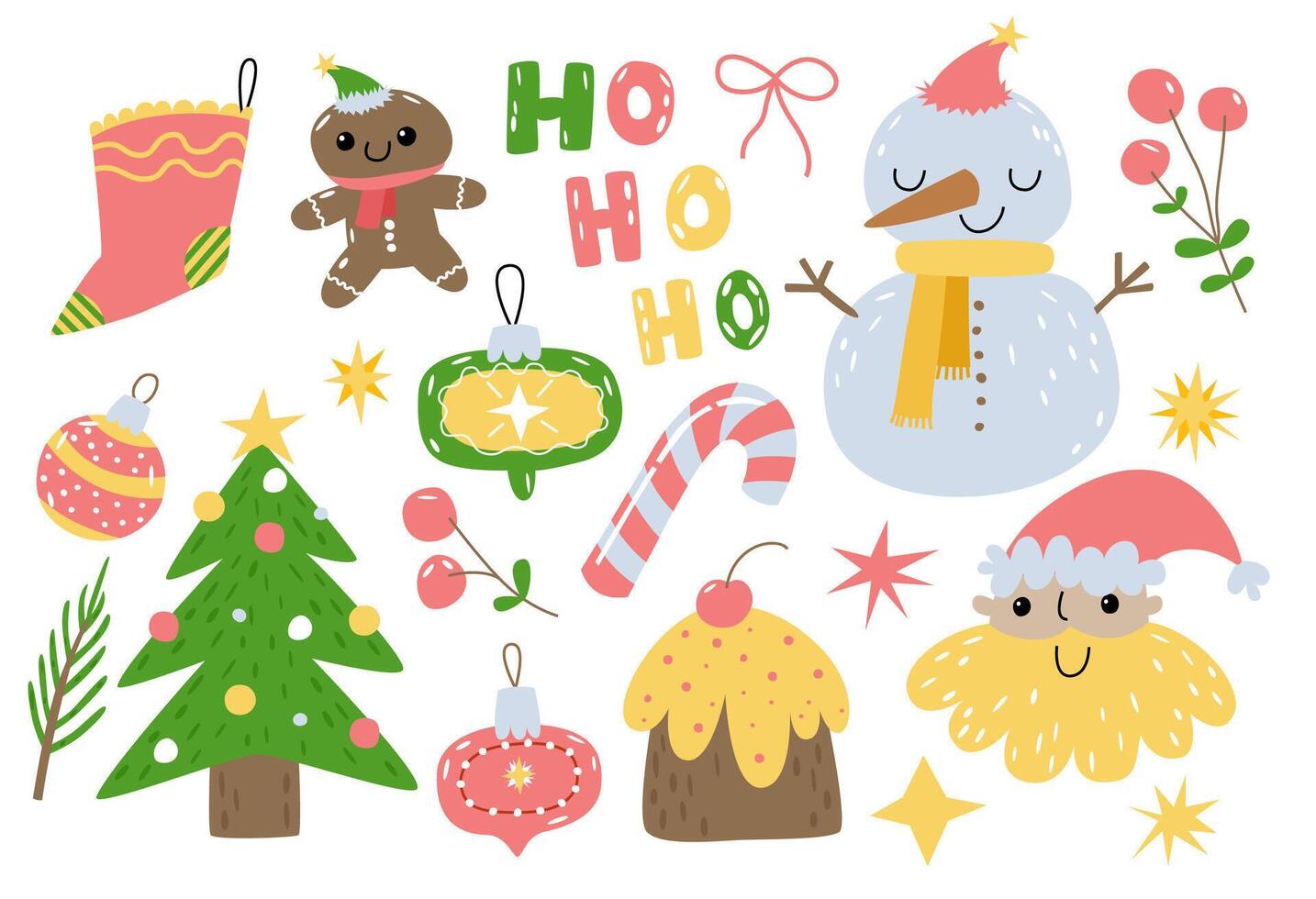 Christmas collection with gingerbread, tree, cake, snowman, socks, ho ho ho. Hand drawn cartoon illustration. Flat style for kids vector