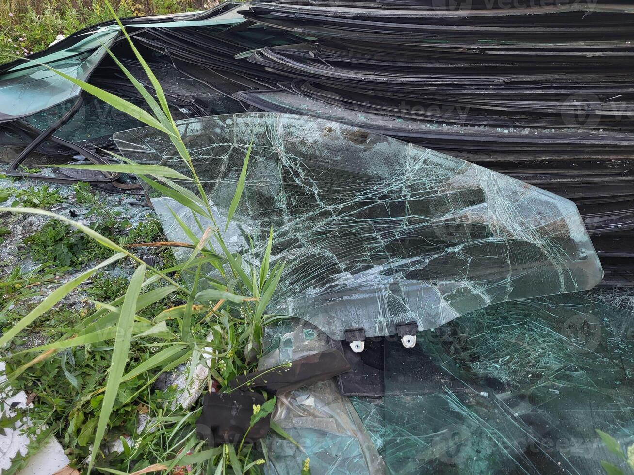 Broken and damaged glass is lying on the green spring grass for recycling photo