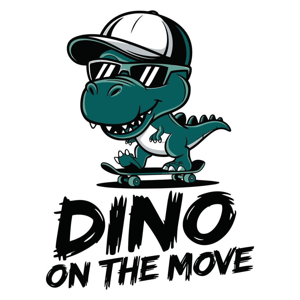 Dino on the Move T Shirt Design Dinosaur Wearing Glasses and Riding a Skateboard vector