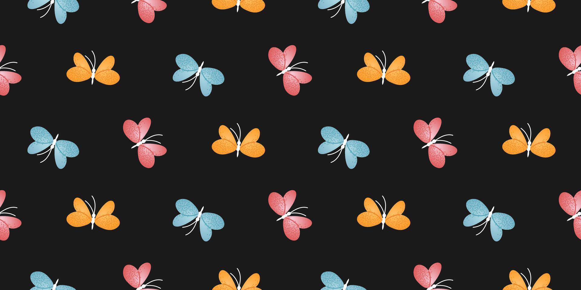 Seamless pattern with colorful butterflies on a black background. Decorative design for textile, wallpaper, wrapping paper, and greeting cards. vector