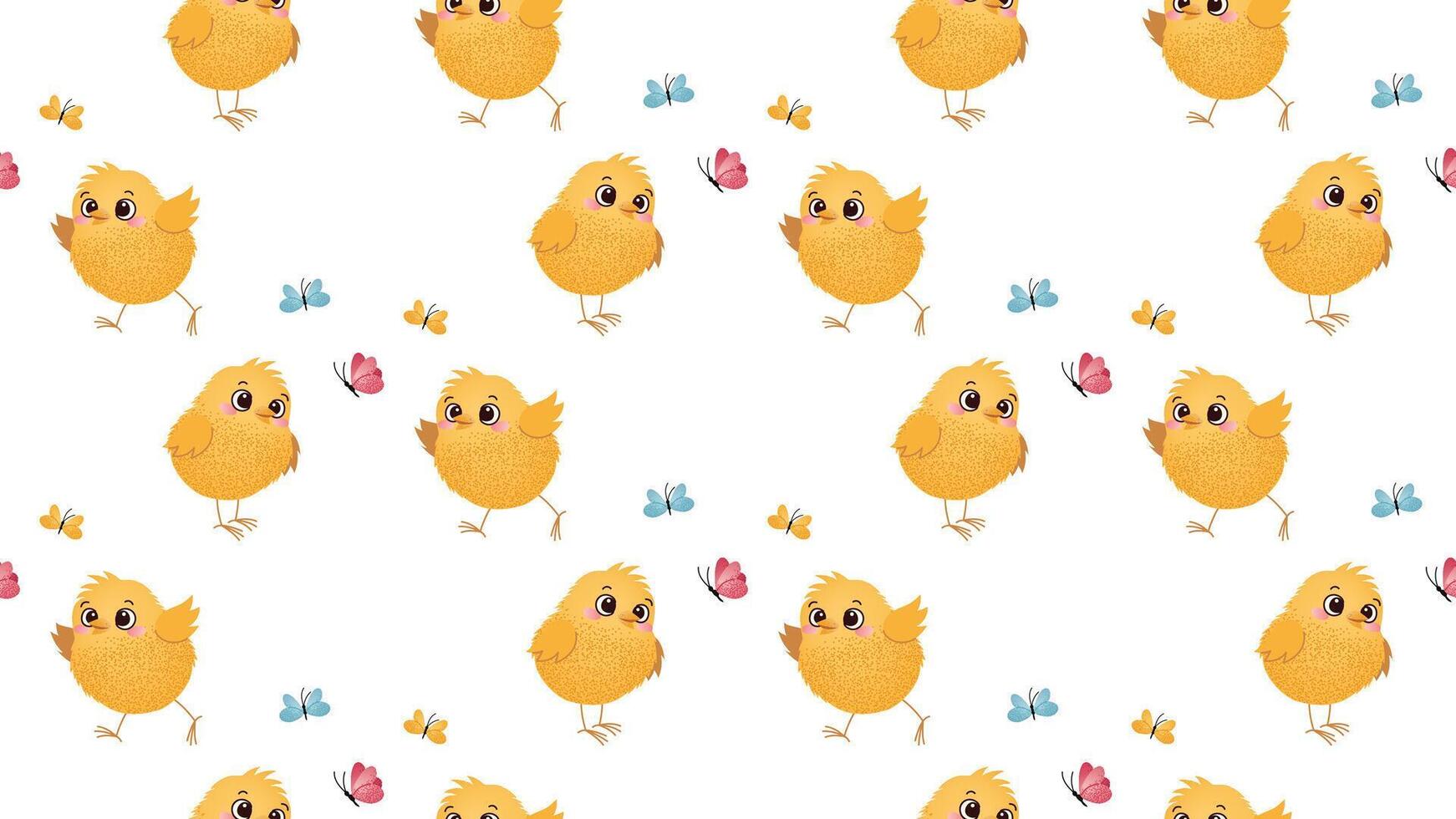 Seamless pattern with cute yellow chicks and small colorful butterflies on a white background. Easter spring design for textile, wallpaper, and wrapping paper. vector