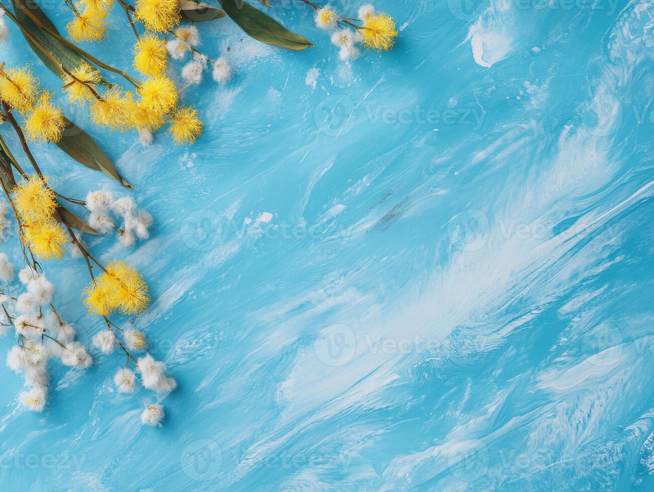 Yellow and white dried flowers frame on blue background. photo