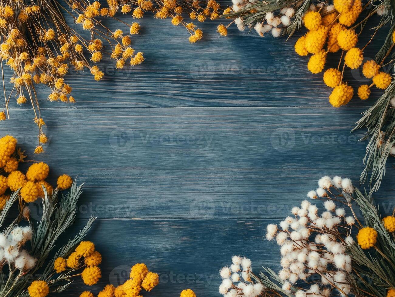 Mimosa and white dried flowers flat lay on wooden background. photo