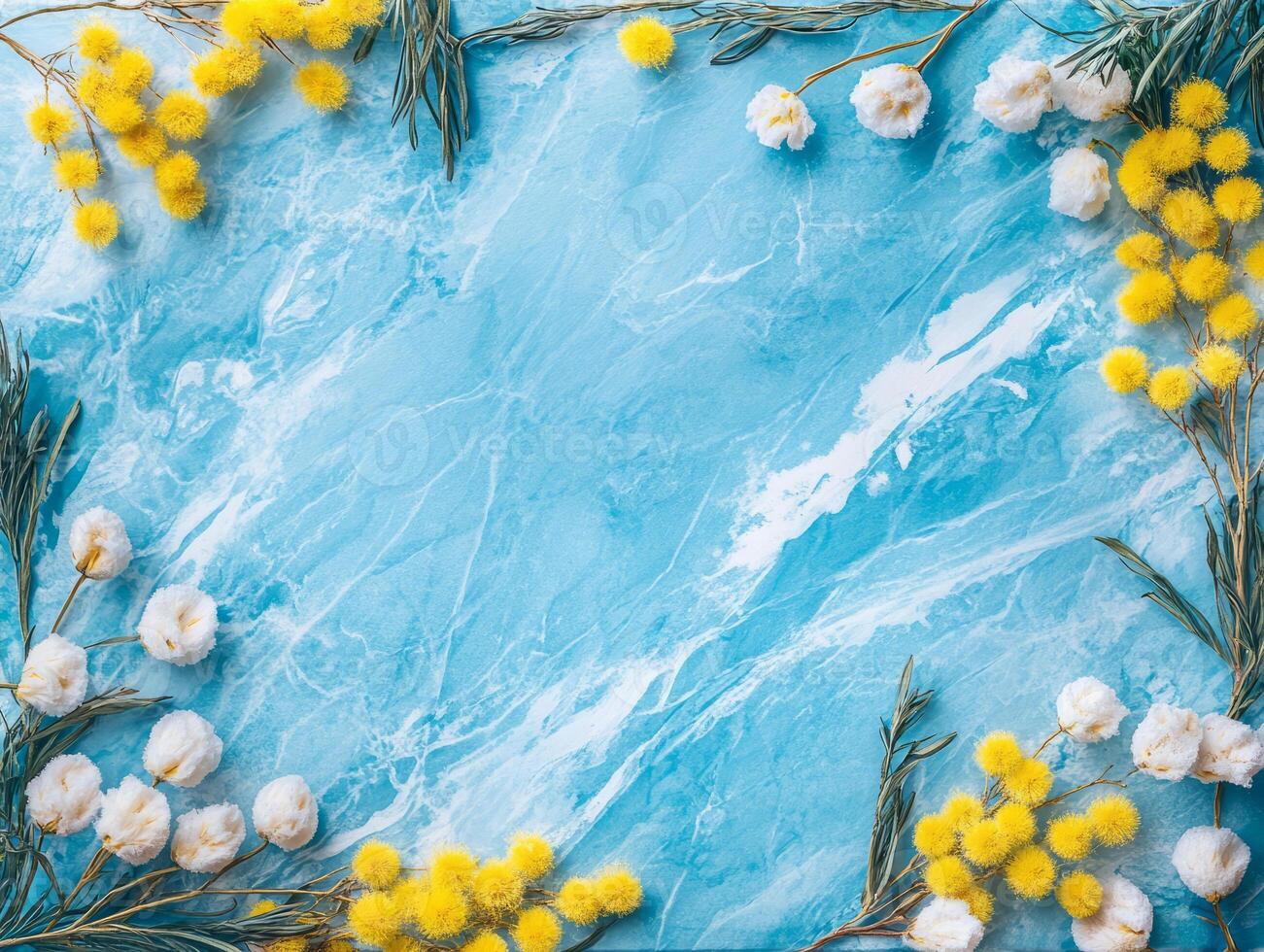 Yellow mimosa and white dried flowers frame on blue background. photo
