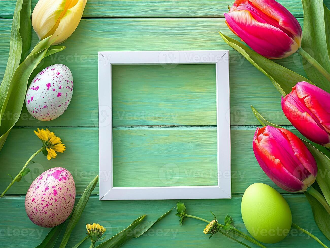 White frame arranged with tulips and eggs. photo