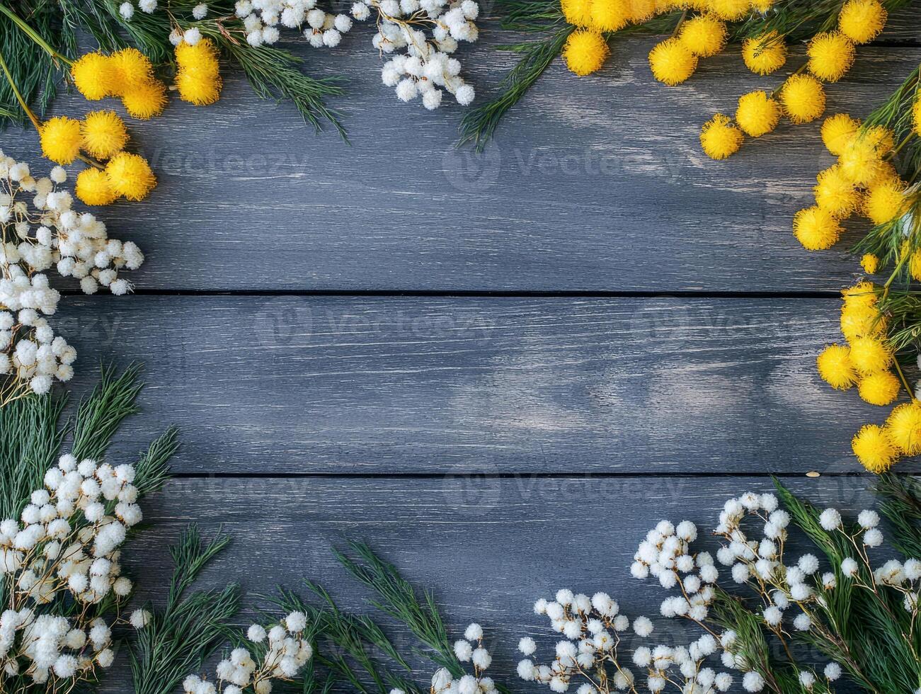 Yellow mimosa and white dried flowers frame. photo