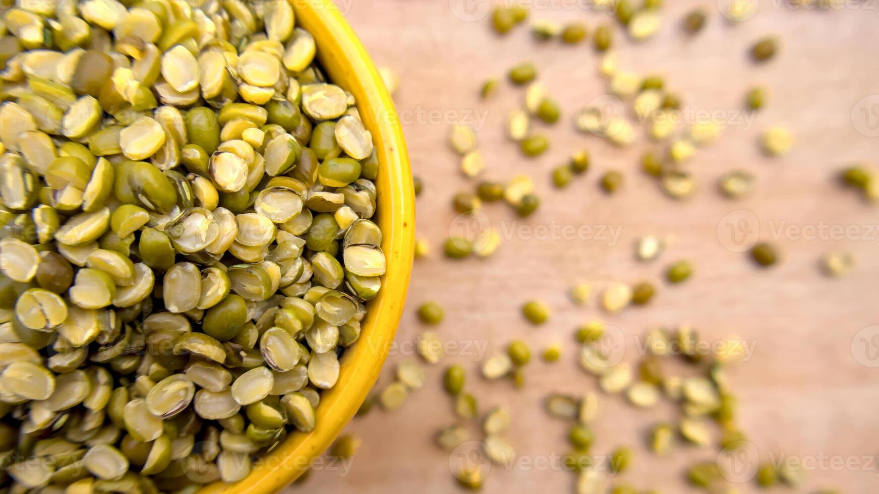 Split Mung Beans Green Gram in a Bowl Close-Up Top View Flat Lay photo
