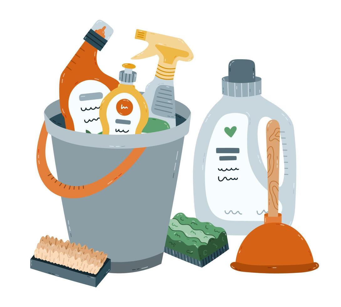 Lovely cartoon housework concept illustration with bucket and different detergent products, liquids, rubber toilet plunger, scrubbing brushes. Funny clipart composition for website, poster, media. vector