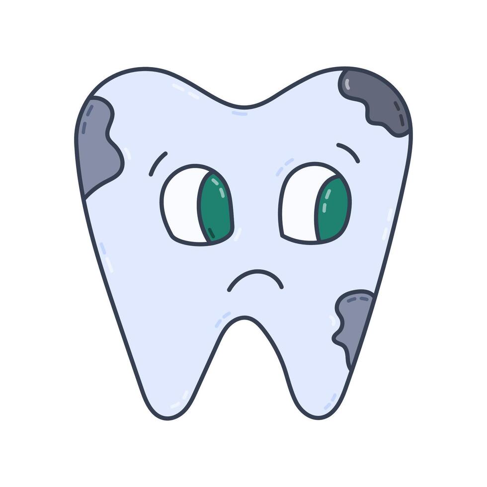 Lovely colourful doodle tooth with caries and sad emotion. Ill tooth with unhappy face from disease, bad hygiene. Stomatology, tooth decay concept for infographic about importance of kids dental care vector