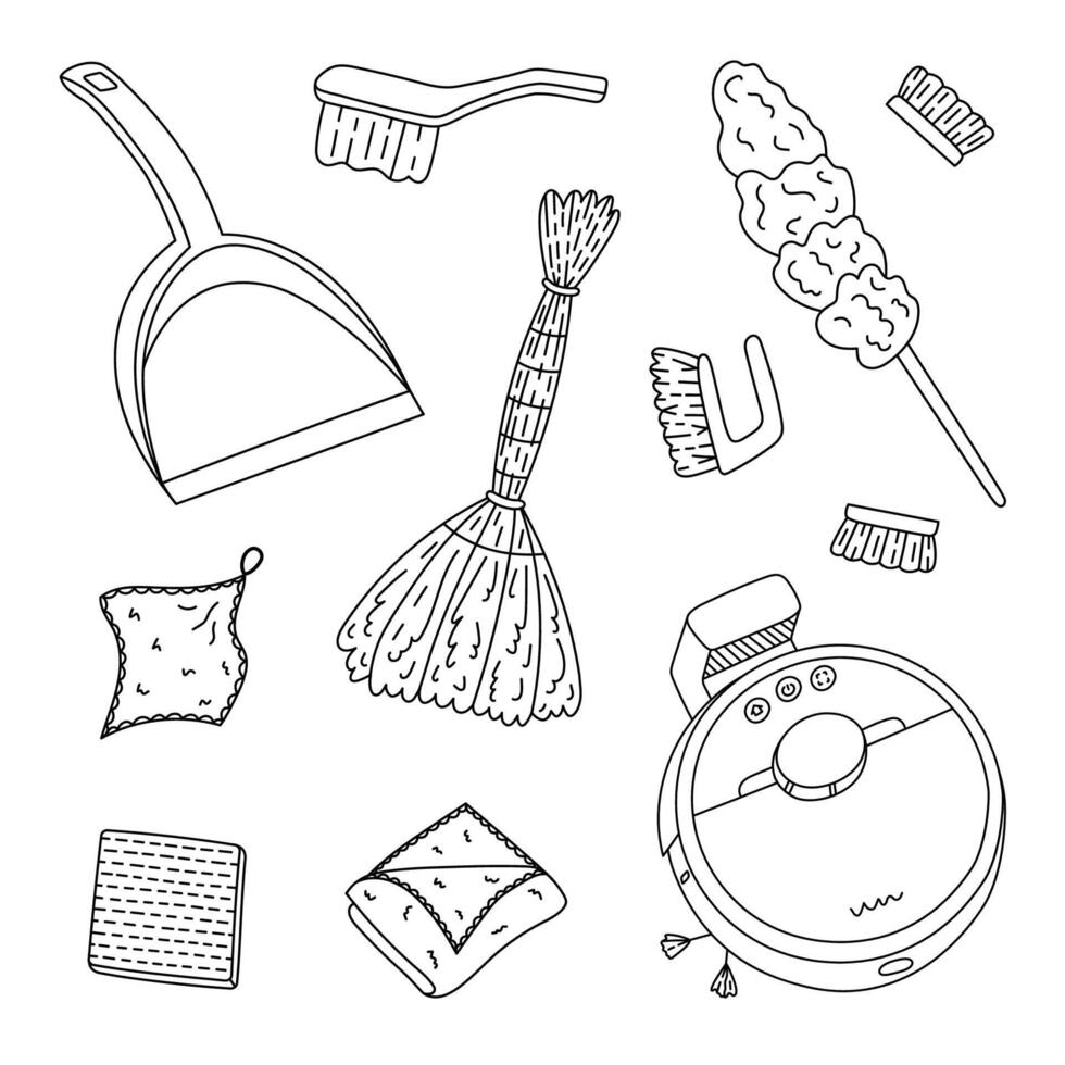 Childish sketch set with sanitation and hygiene supply. Hand drawn robot vacuum cleaner, feather duster, broom, dustpan, different rags and cloth. Wet and dry cleaning collection isolated on white. vector