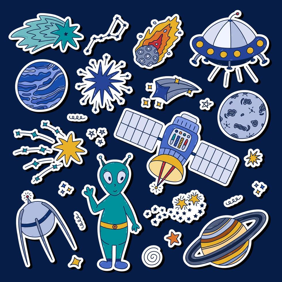 Cute colorful doodle sticker set about space, astronomy for planners, notebooks, digital diary. Ready for print list of childish stickers with alien,, satellite, planet Neptune, Big Dipper. vector