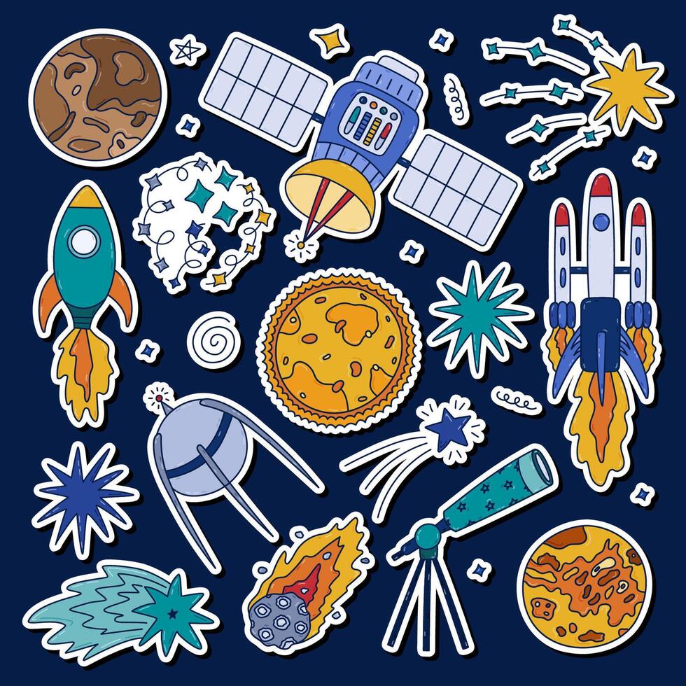 Colorful doodle sticker set about cosmos, astronomy for planners, notebooks, scrapbook. Printable list of funny stickers with spaceship, satellite, the Sun, asteroid, planet, rocket, falling star. vector