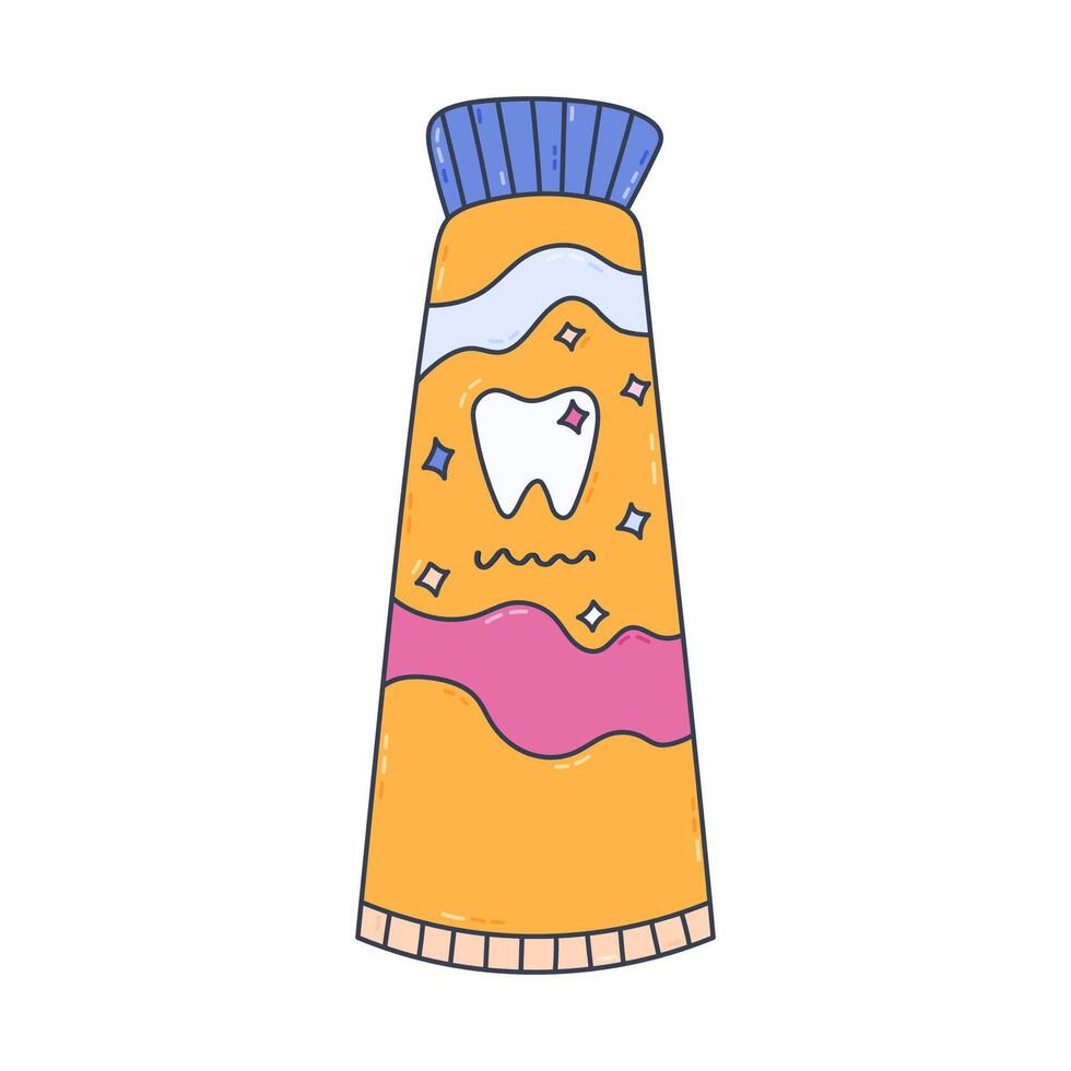 Lovely outline cartoon closed toothpaste tube with cap and shiny teeth on label. Trendy hand drawn dental product for cleansing tooth. Stomatology and healthcare doodle isolated on white background. vector